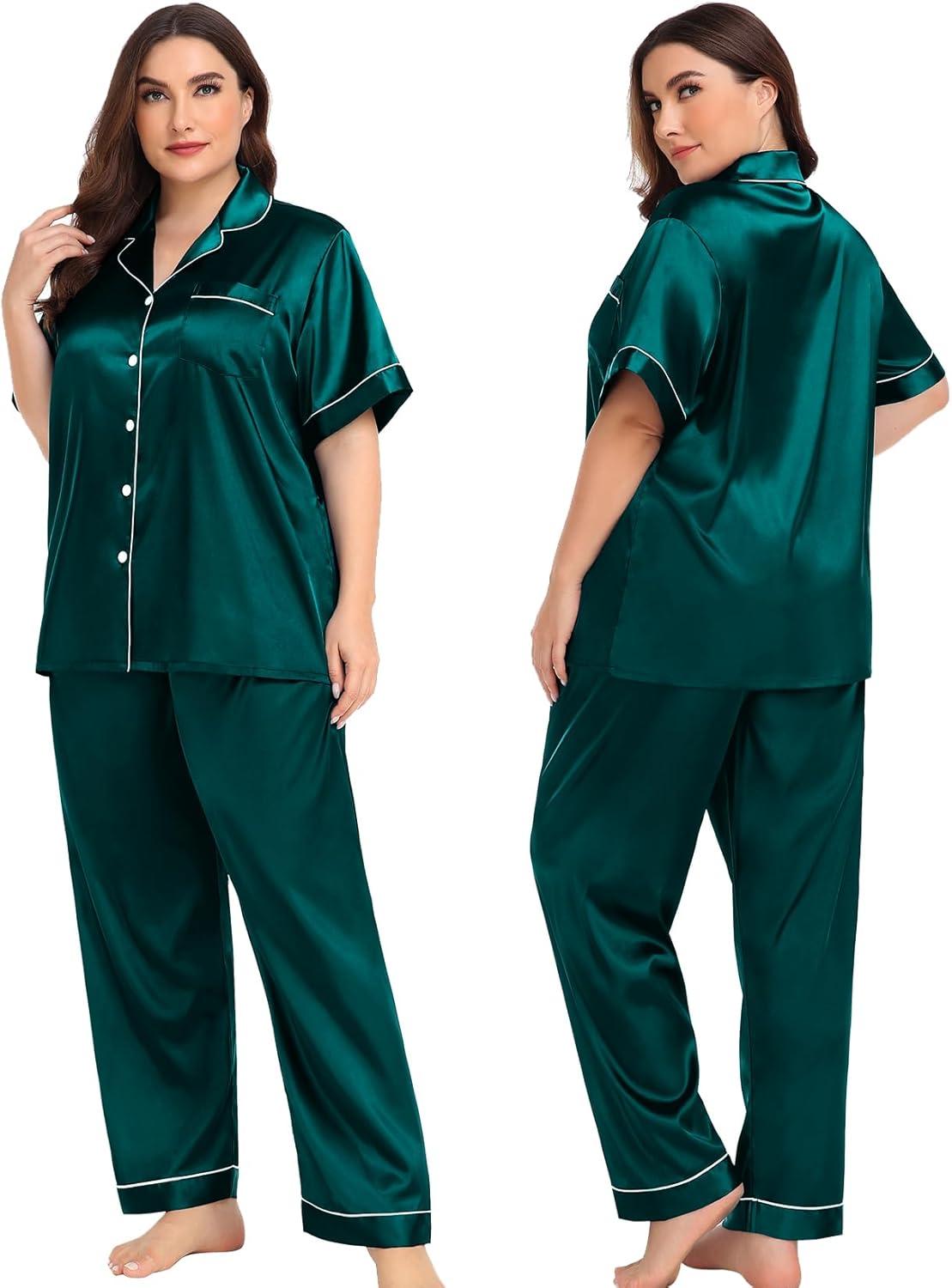 imageSWOMOG Womens Plus Size Pajamas Silk Satin Pajama Set Short Sleeve Shirt with FullLength Pants Pjs Sleepwear Set 18W26W4pcsdark Green