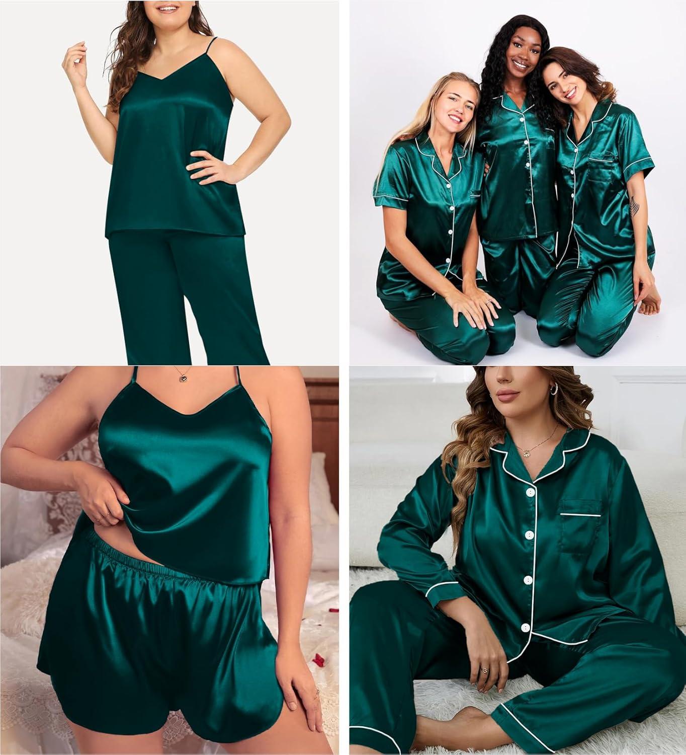 imageSWOMOG Womens Plus Size Pajamas Silk Satin Pajama Set Short Sleeve Shirt with FullLength Pants Pjs Sleepwear Set 18W26W4pcsdark Green