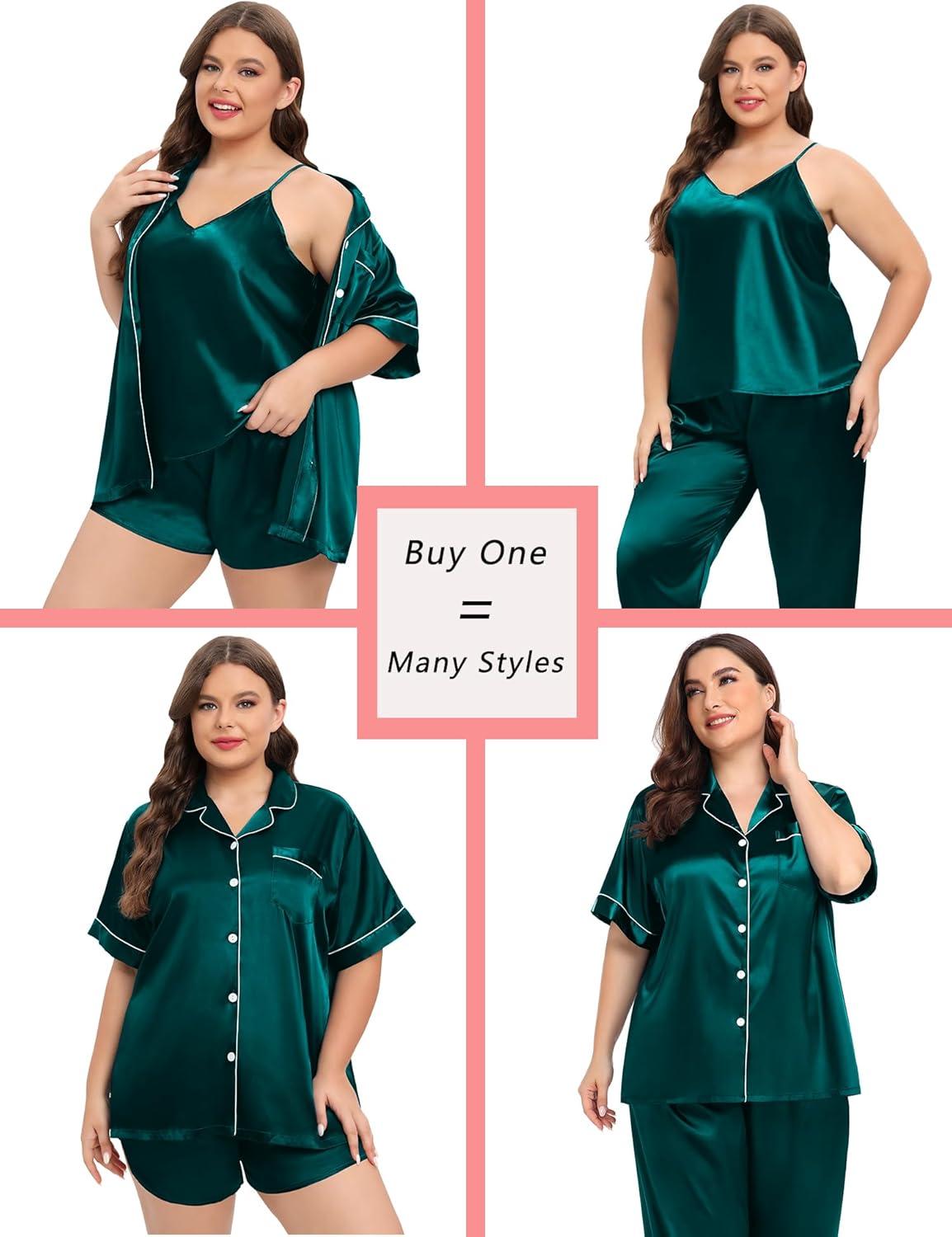 imageSWOMOG Womens Plus Size Pajamas Silk Satin Pajama Set Short Sleeve Shirt with FullLength Pants Pjs Sleepwear Set 18W26W4pcsdark Green