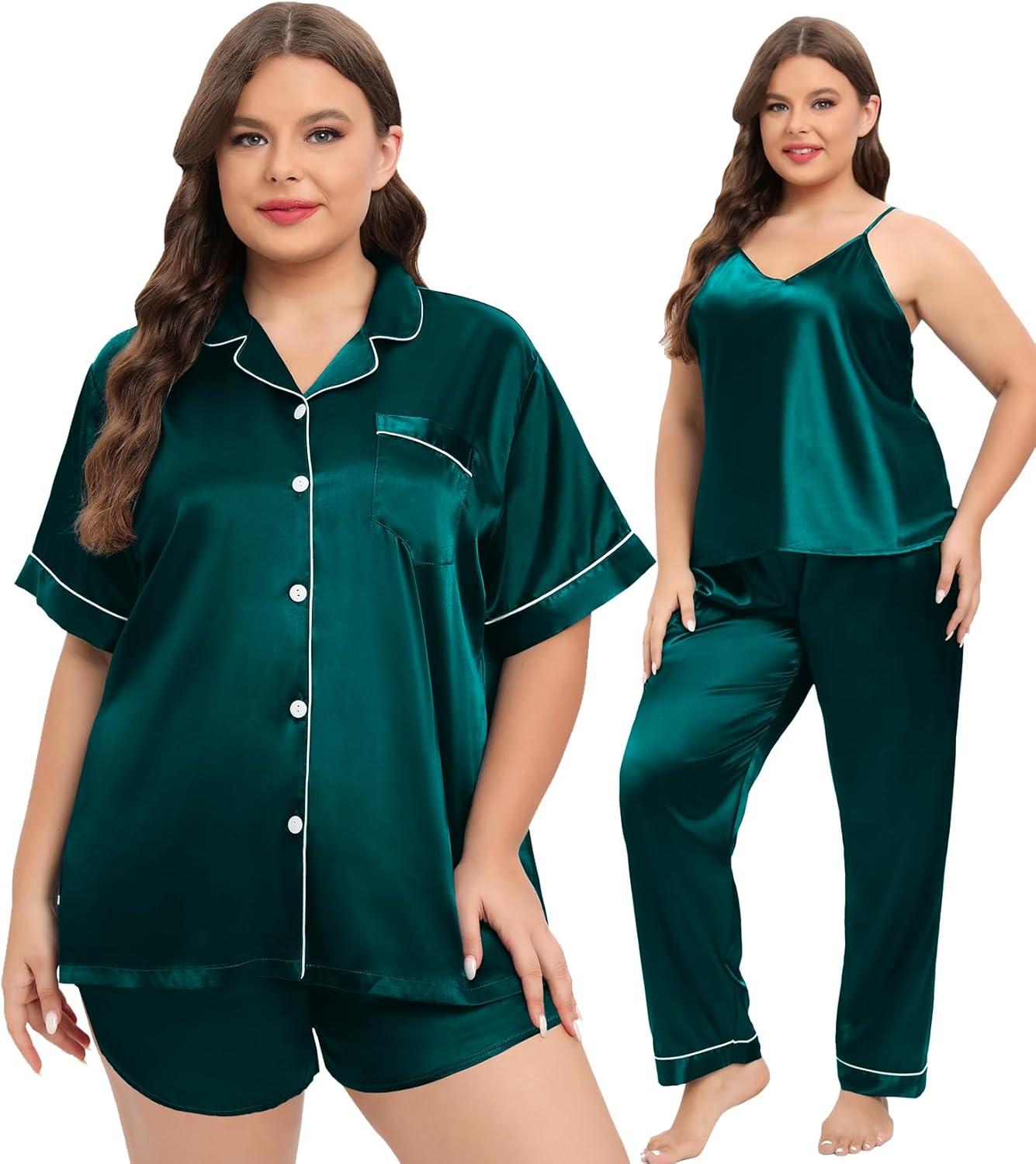 imageSWOMOG Womens Plus Size Pajamas Silk Satin Pajama Set Short Sleeve Shirt with FullLength Pants Pjs Sleepwear Set 18W26W4pcsdark Green