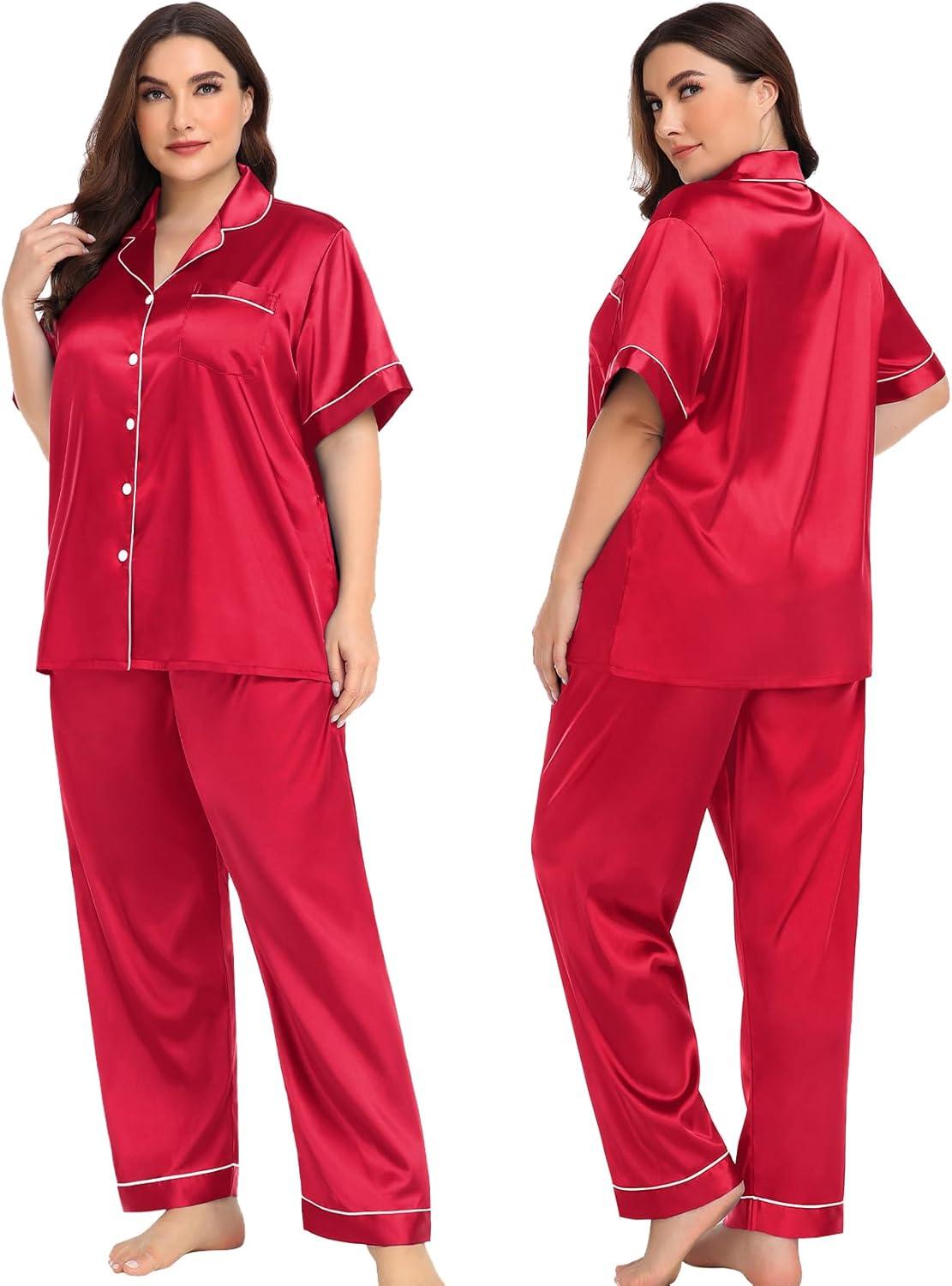 imageSWOMOG Womens Plus Size Pajamas Silk Satin Pajama Set Short Sleeve Shirt with FullLength Pants Pjs Sleepwear Set 18W26W4pcsdeep Red
