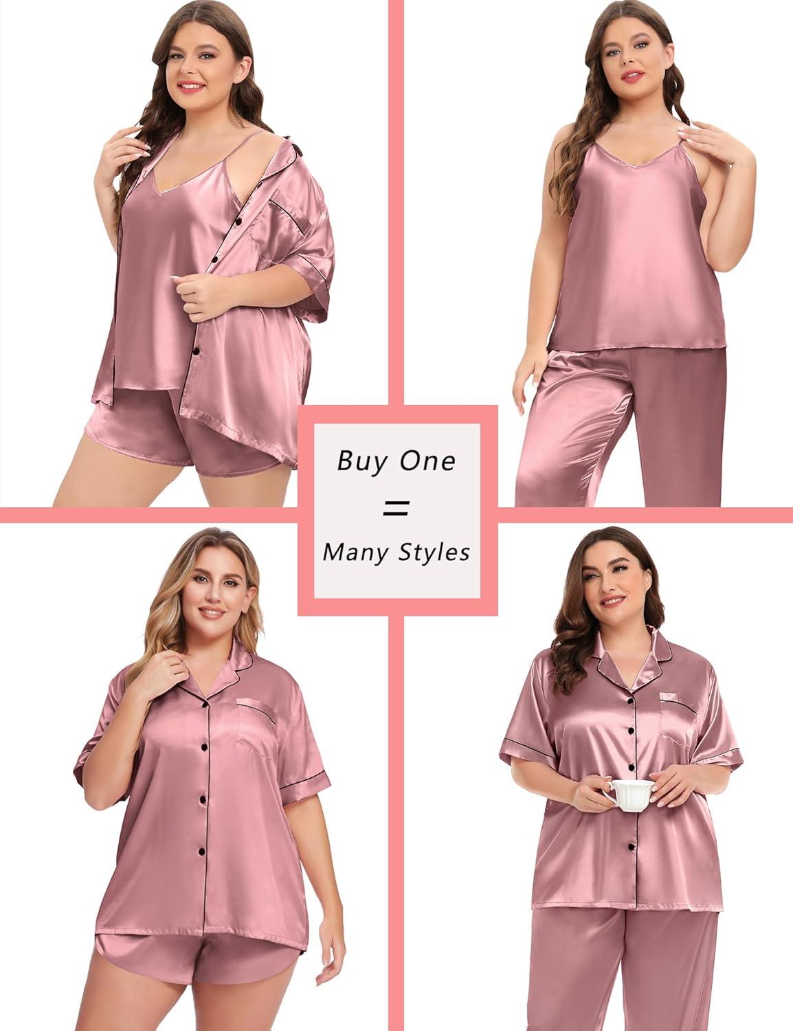 imageSWOMOG Womens Plus Size Pajamas Silk Satin Pajama Set Short Sleeve Shirt with FullLength Pants Pjs Sleepwear Set 18W26W4pcsmisty Rose