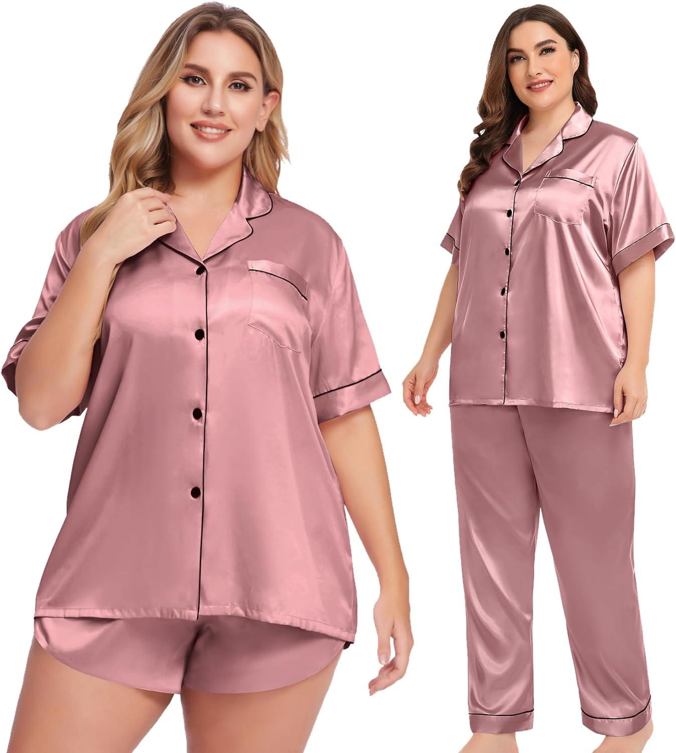 imageSWOMOG Womens Plus Size Pajamas Silk Satin Pajama Set Short Sleeve Shirt with FullLength Pants Pjs Sleepwear Set 18W26W4pcsmisty Rose
