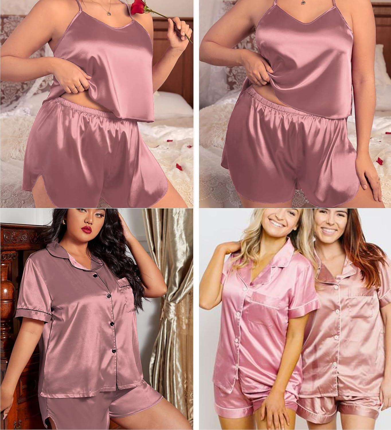 imageSWOMOG Womens Plus Size Pajamas Silk Satin Pajama Set Short Sleeve Shirt with FullLength Pants Pjs Sleepwear Set 18W26W4pcsmisty Rose