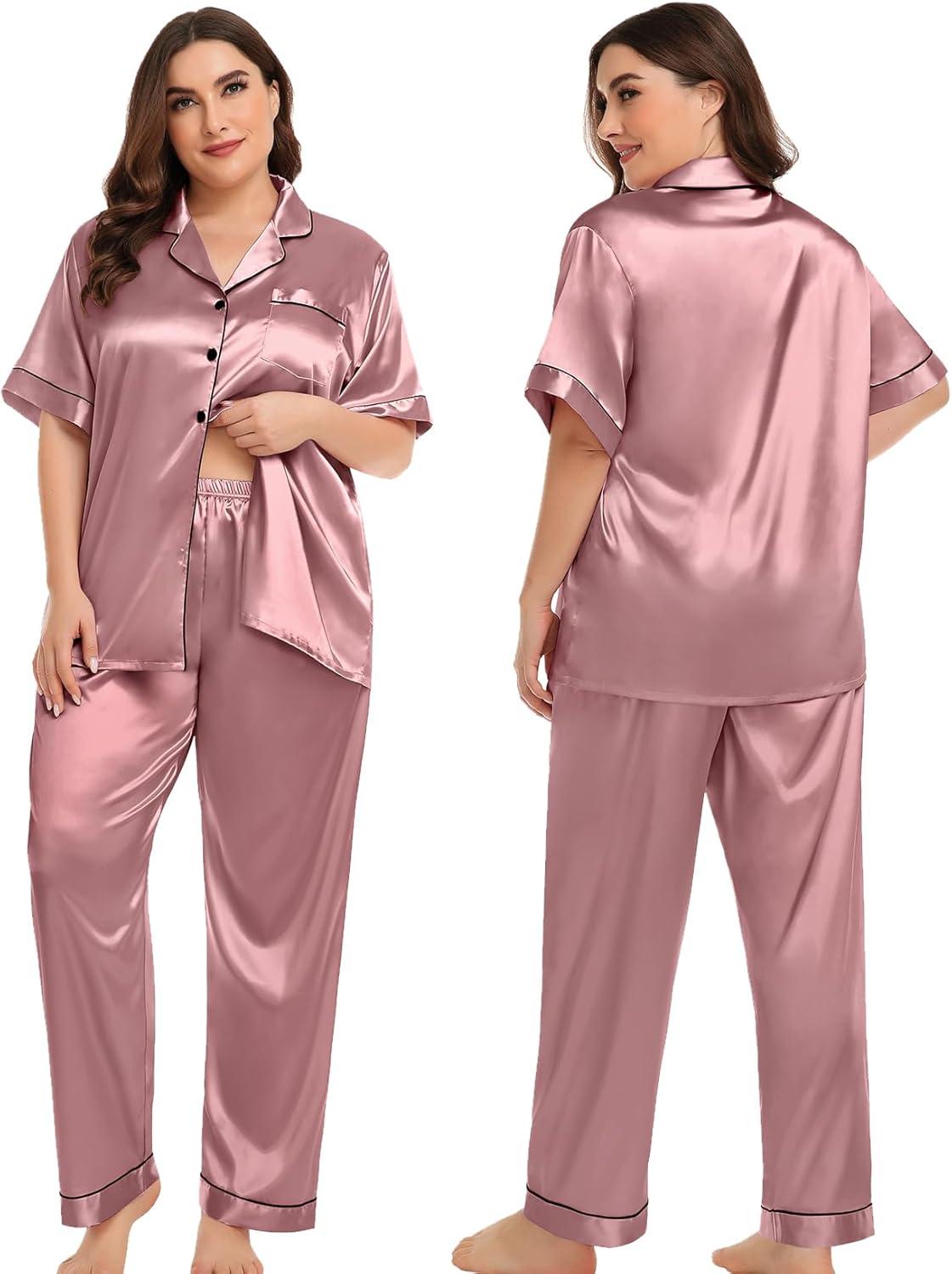 imageSWOMOG Womens Plus Size Pajamas Silk Satin Pajama Set Short Sleeve Shirt with FullLength Pants Pjs Sleepwear Set 18W26W4pcsmisty Rose