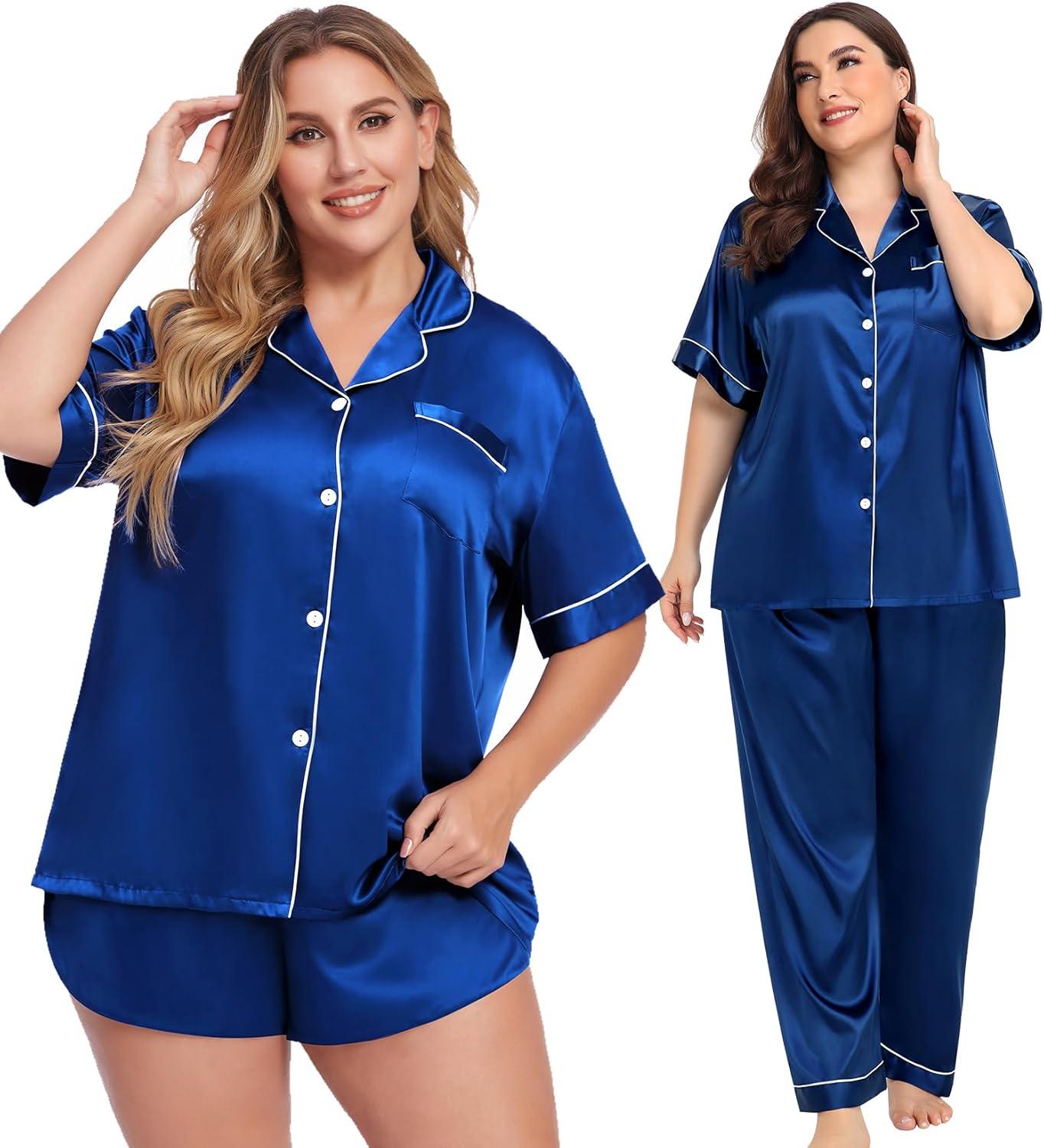imageSWOMOG Womens Plus Size Pajamas Silk Satin Pajama Set Short Sleeve Shirt with FullLength Pants Pjs Sleepwear Set 18W26W4pcsnavy Blue