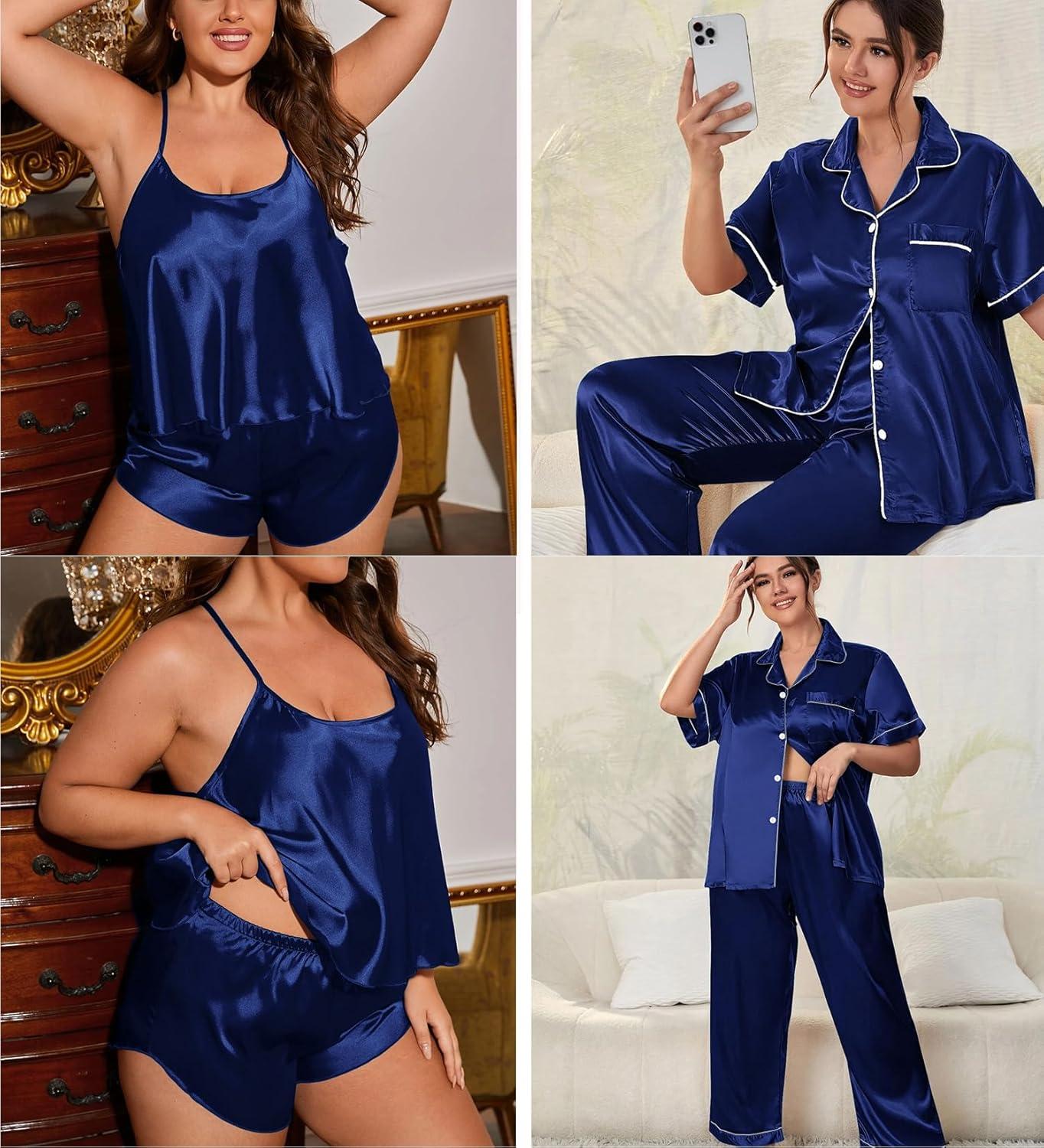 imageSWOMOG Womens Plus Size Pajamas Silk Satin Pajama Set Short Sleeve Shirt with FullLength Pants Pjs Sleepwear Set 18W26W4pcsnavy Blue