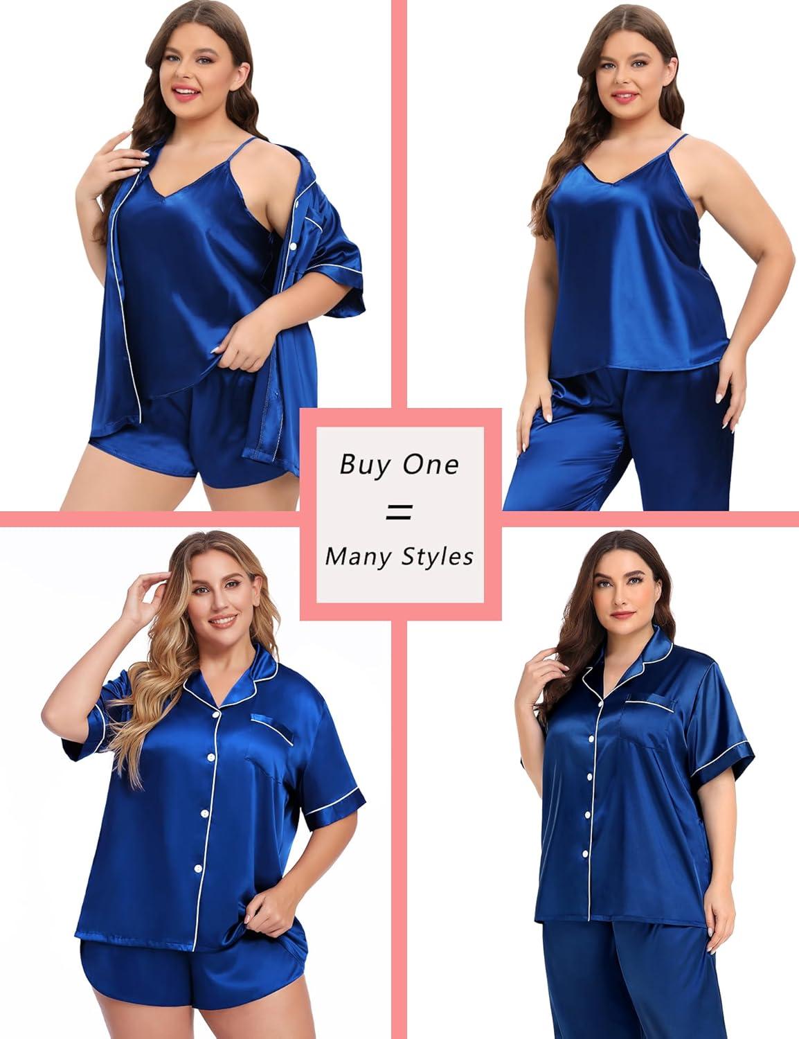 imageSWOMOG Womens Plus Size Pajamas Silk Satin Pajama Set Short Sleeve Shirt with FullLength Pants Pjs Sleepwear Set 18W26W4pcsnavy Blue