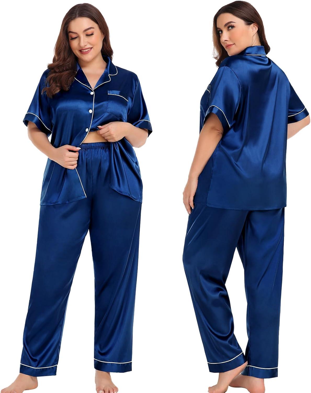 imageSWOMOG Womens Plus Size Pajamas Silk Satin Pajama Set Short Sleeve Shirt with FullLength Pants Pjs Sleepwear Set 18W26W4pcsnavy Blue
