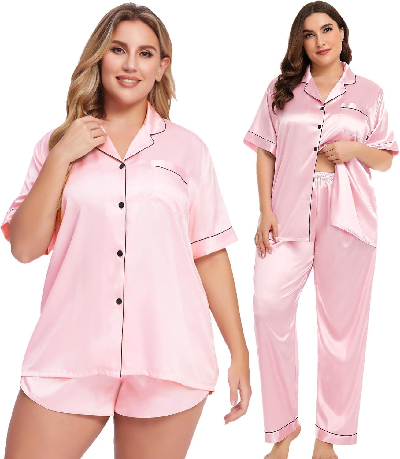 imageSWOMOG Womens Plus Size Pajamas Silk Satin Pajama Set Short Sleeve Shirt with FullLength Pants Pjs Sleepwear Set 18W26W4pcspink