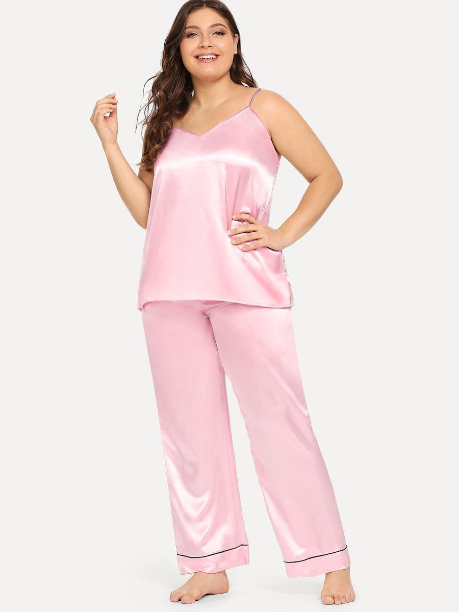 imageSWOMOG Womens Plus Size Pajamas Silk Satin Pajama Set Short Sleeve Shirt with FullLength Pants Pjs Sleepwear Set 18W26W4pcspink