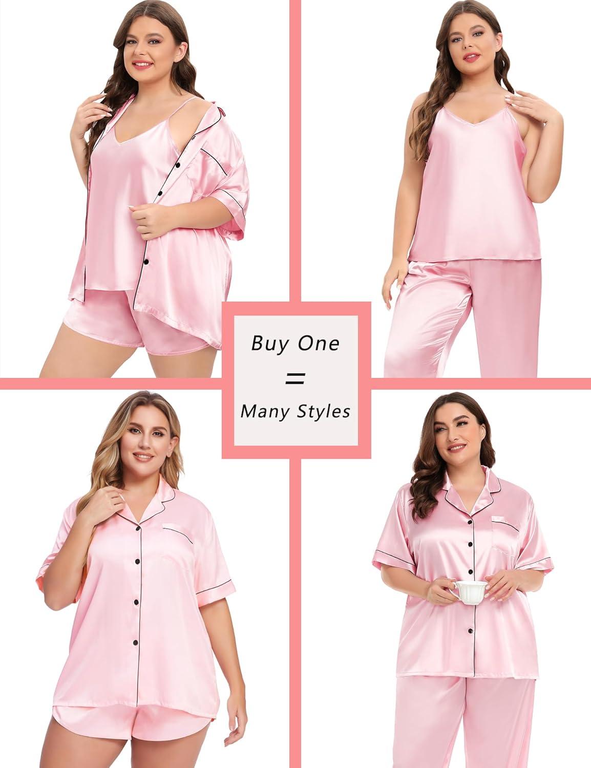 imageSWOMOG Womens Plus Size Pajamas Silk Satin Pajama Set Short Sleeve Shirt with FullLength Pants Pjs Sleepwear Set 18W26W4pcspink