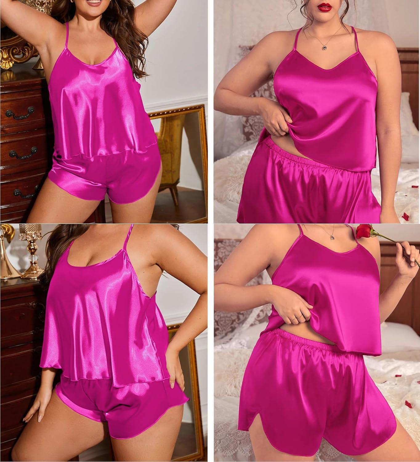 imageSWOMOG Womens Plus Size Pajamas Silk Satin Pajama Set Short Sleeve Shirt with FullLength Pants Pjs Sleepwear Set 18W26W4pcsrose Red