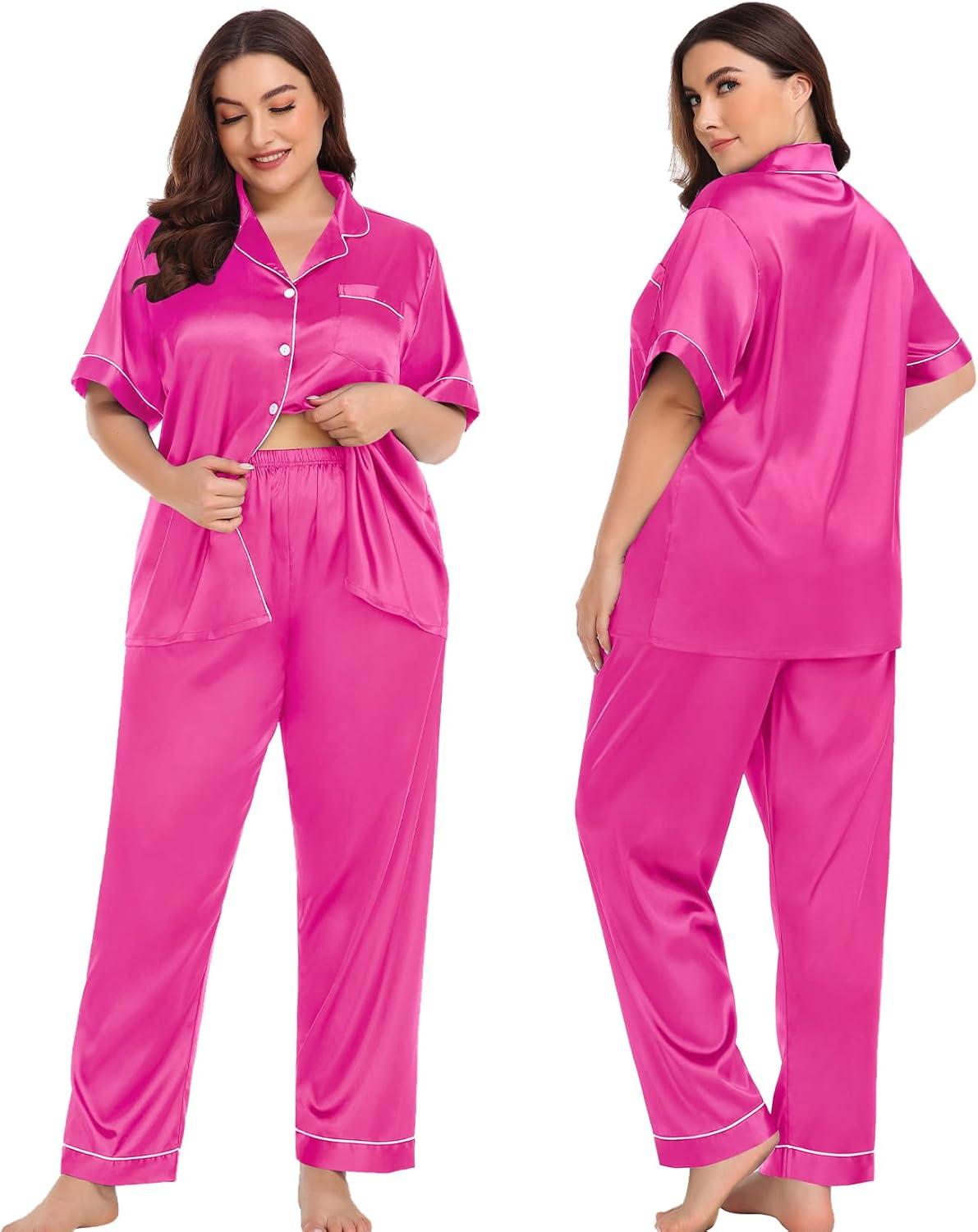 imageSWOMOG Womens Plus Size Pajamas Silk Satin Pajama Set Short Sleeve Shirt with FullLength Pants Pjs Sleepwear Set 18W26W4pcsrose Red
