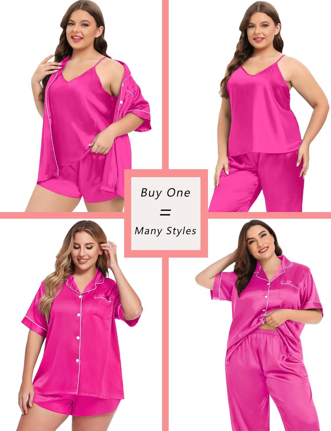 imageSWOMOG Womens Plus Size Pajamas Silk Satin Pajama Set Short Sleeve Shirt with FullLength Pants Pjs Sleepwear Set 18W26W4pcsrose Red