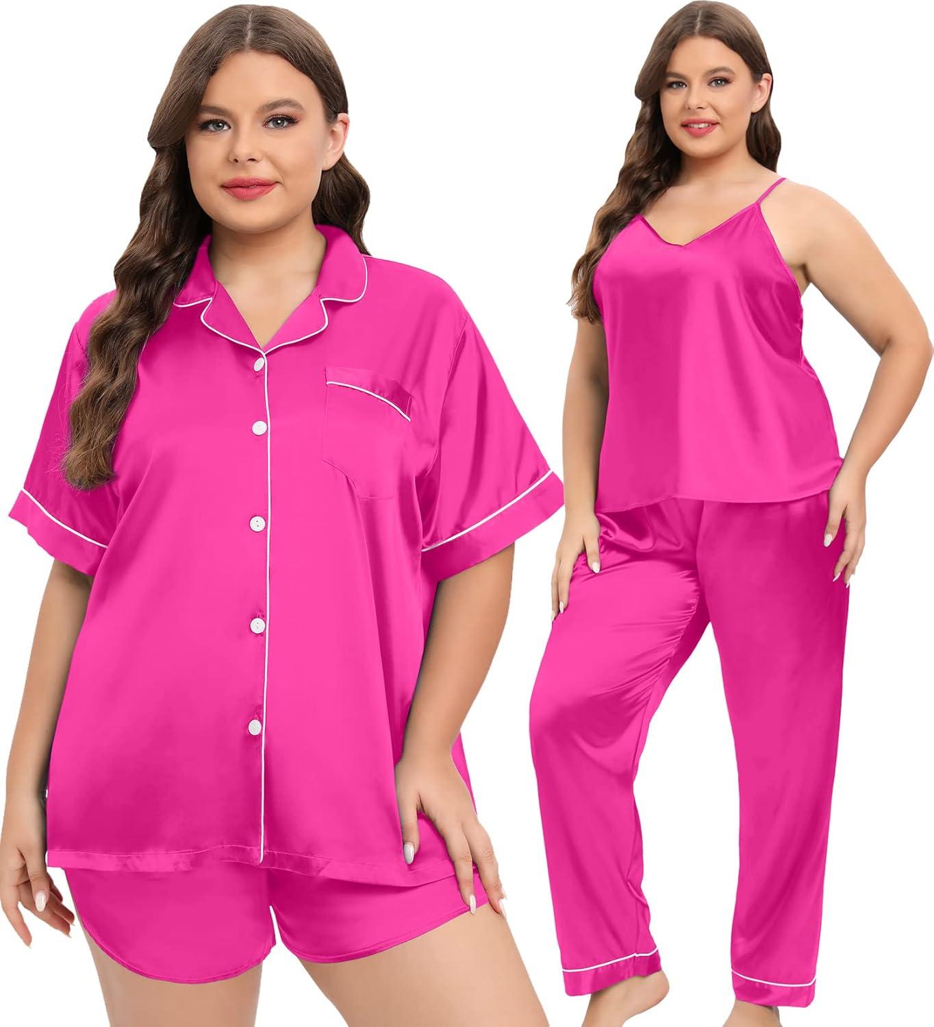 imageSWOMOG Womens Plus Size Pajamas Silk Satin Pajama Set Short Sleeve Shirt with FullLength Pants Pjs Sleepwear Set 18W26W4pcsrose Red