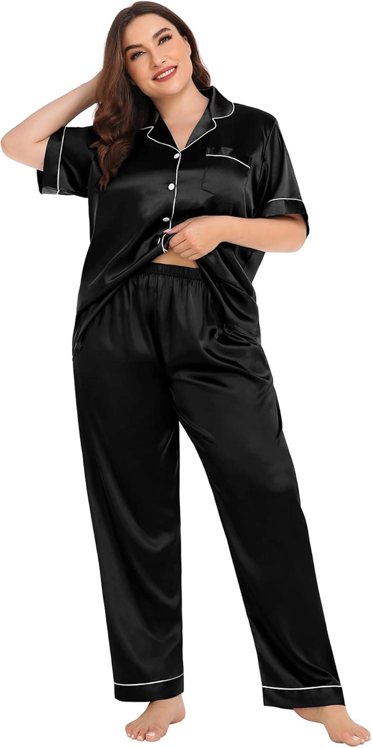 imageSWOMOG Womens Plus Size Pajamas Silk Satin Pajama Set Short Sleeve Shirt with FullLength Pants Pjs Sleepwear Set 18W26WBlack