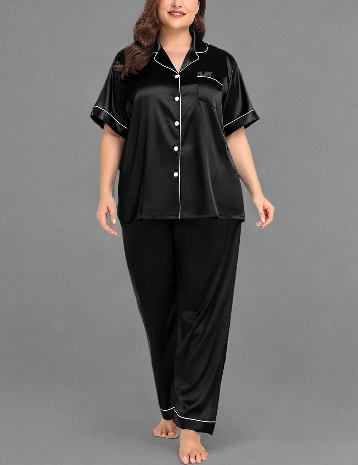 imageSWOMOG Womens Plus Size Pajamas Silk Satin Pajama Set Short Sleeve Shirt with FullLength Pants Pjs Sleepwear Set 18W26WBlack
