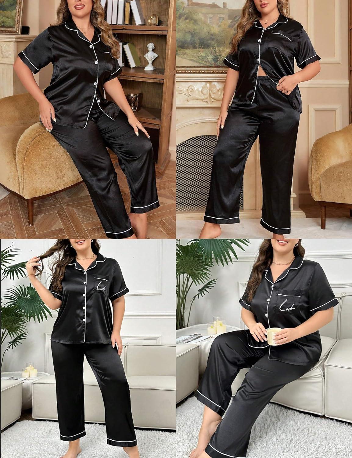 imageSWOMOG Womens Plus Size Pajamas Silk Satin Pajama Set Short Sleeve Shirt with FullLength Pants Pjs Sleepwear Set 18W26WBlack