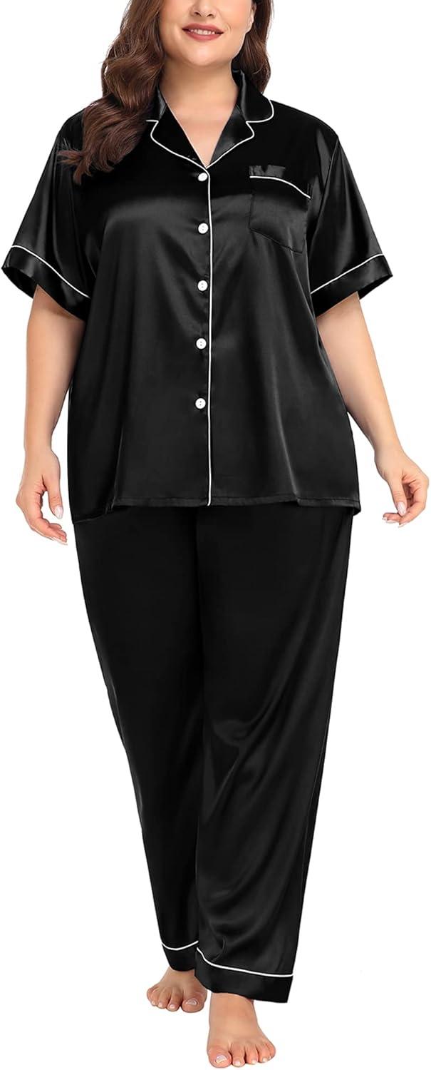 imageSWOMOG Womens Plus Size Pajamas Silk Satin Pajama Set Short Sleeve Shirt with FullLength Pants Pjs Sleepwear Set 18W26WBlack