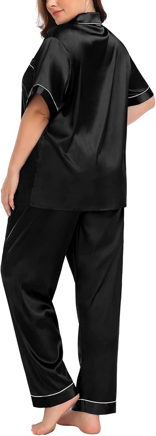 imageSWOMOG Womens Plus Size Pajamas Silk Satin Pajama Set Short Sleeve Shirt with FullLength Pants Pjs Sleepwear Set 18W26WBlack