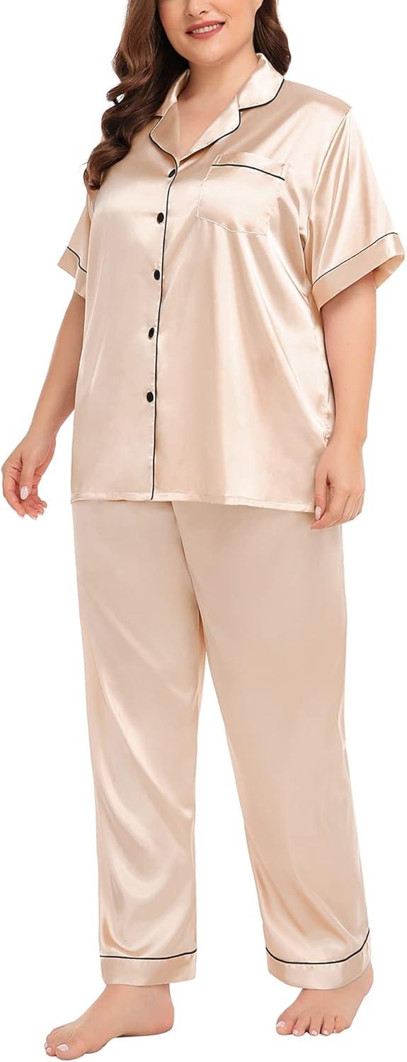 imageSWOMOG Womens Plus Size Pajamas Silk Satin Pajama Set Short Sleeve Shirt with FullLength Pants Pjs Sleepwear Set 18W26WChampagne