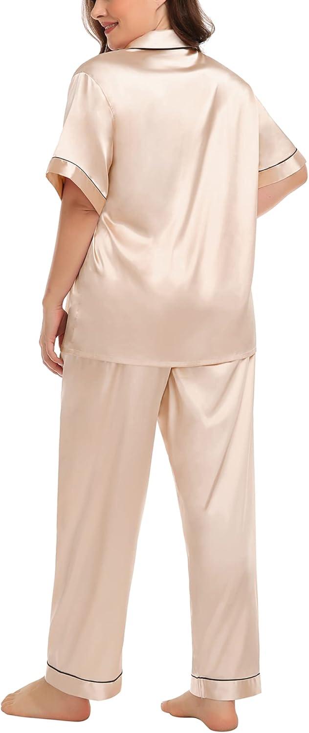 imageSWOMOG Womens Plus Size Pajamas Silk Satin Pajama Set Short Sleeve Shirt with FullLength Pants Pjs Sleepwear Set 18W26WChampagne