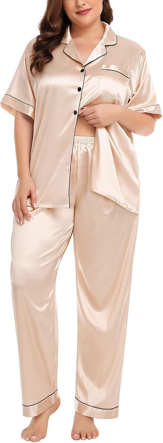 imageSWOMOG Womens Plus Size Pajamas Silk Satin Pajama Set Short Sleeve Shirt with FullLength Pants Pjs Sleepwear Set 18W26WChampagne