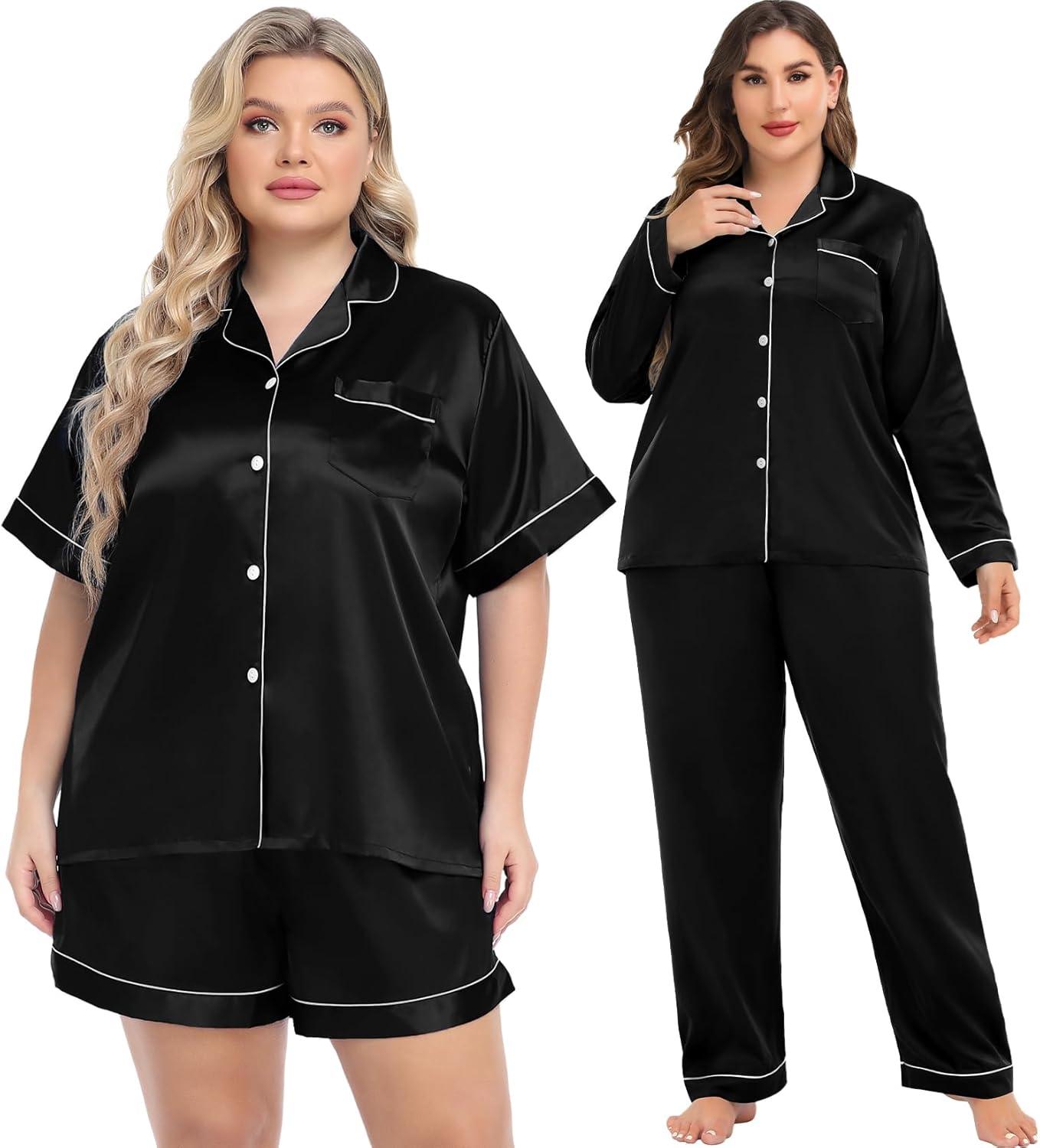 imageSWOMOG Womens Plus Size Pajamas Silk Satin Pajama Set Short Sleeve Shirt with FullLength Pants Pjs Sleepwear Set 18W26WDark