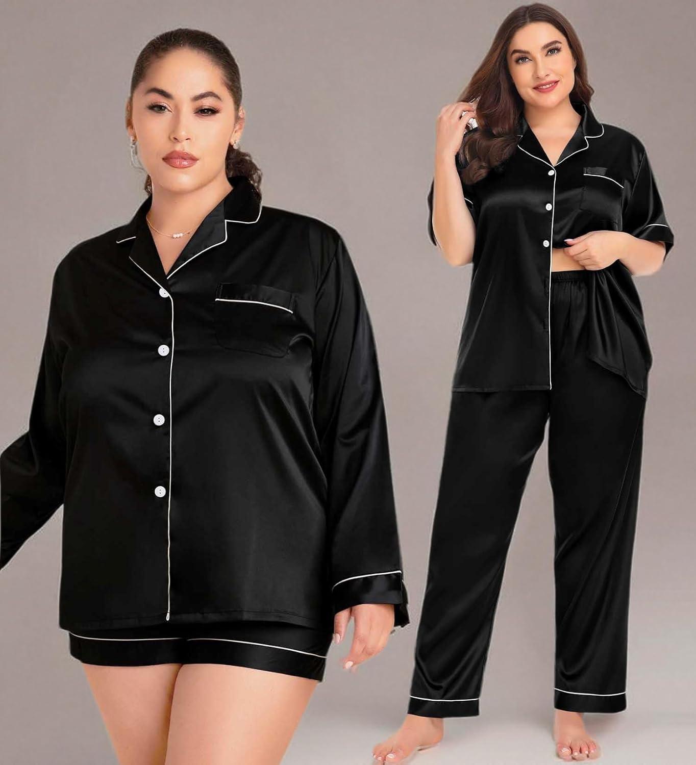 imageSWOMOG Womens Plus Size Pajamas Silk Satin Pajama Set Short Sleeve Shirt with FullLength Pants Pjs Sleepwear Set 18W26WDark