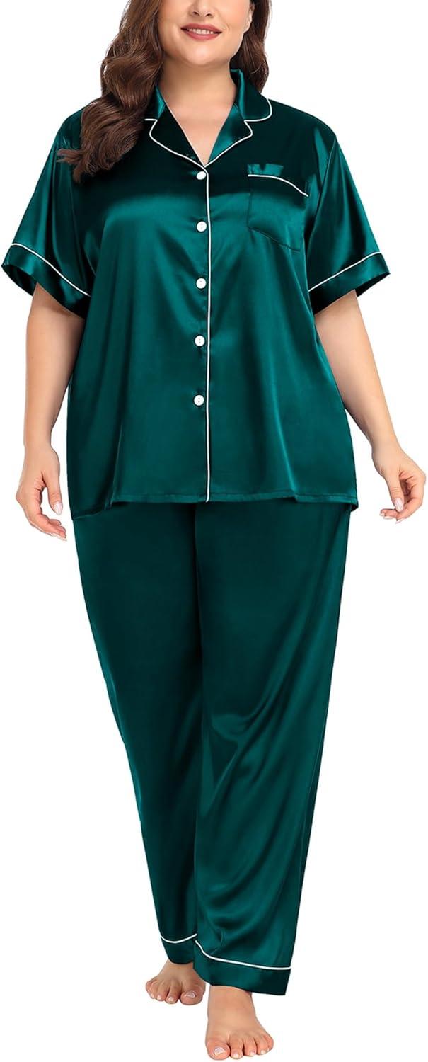 imageSWOMOG Womens Plus Size Pajamas Silk Satin Pajama Set Short Sleeve Shirt with FullLength Pants Pjs Sleepwear Set 18W26WDark Green
