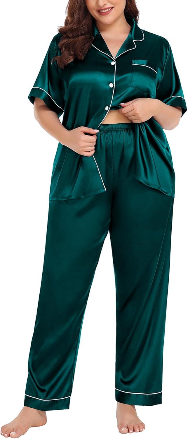imageSWOMOG Womens Plus Size Pajamas Silk Satin Pajama Set Short Sleeve Shirt with FullLength Pants Pjs Sleepwear Set 18W26WDark Green