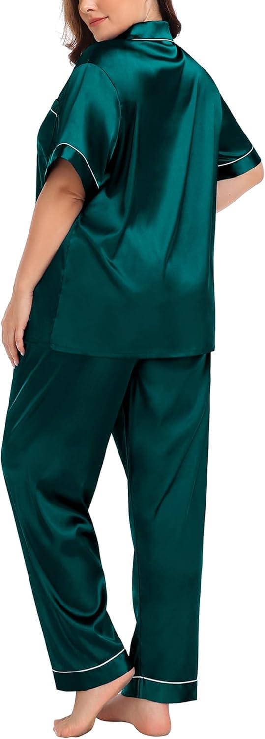 imageSWOMOG Womens Plus Size Pajamas Silk Satin Pajama Set Short Sleeve Shirt with FullLength Pants Pjs Sleepwear Set 18W26WDark Green
