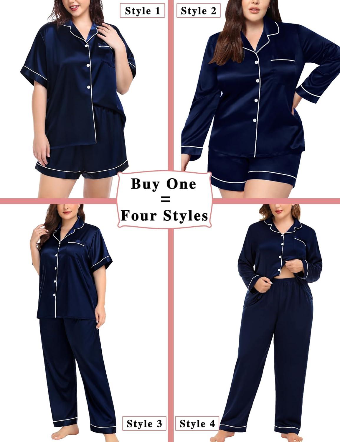 imageSWOMOG Womens Plus Size Pajamas Silk Satin Pajama Set Short Sleeve Shirt with FullLength Pants Pjs Sleepwear Set 18W26WDark Midnight Blue
