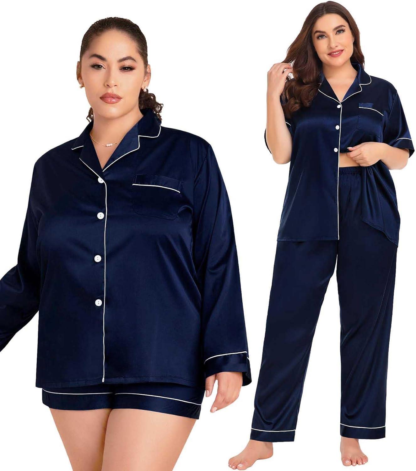 imageSWOMOG Womens Plus Size Pajamas Silk Satin Pajama Set Short Sleeve Shirt with FullLength Pants Pjs Sleepwear Set 18W26WDark Midnight Blue