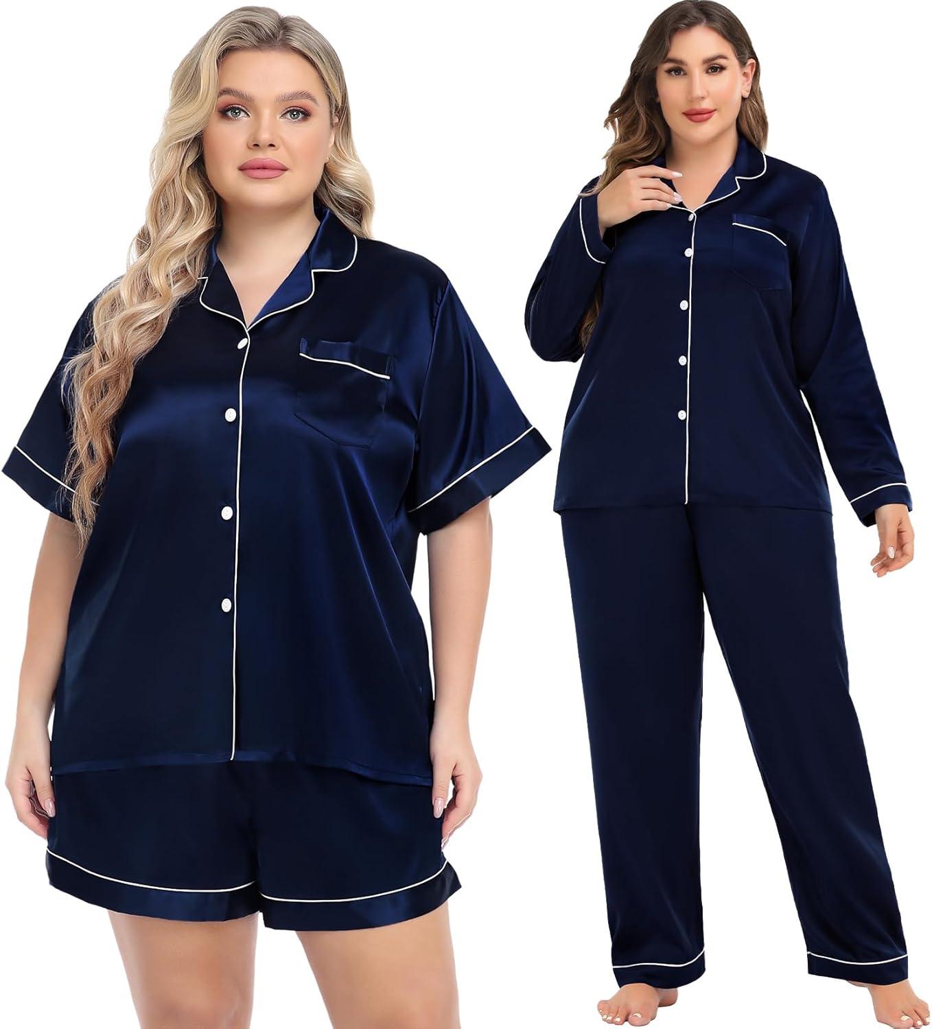 imageSWOMOG Womens Plus Size Pajamas Silk Satin Pajama Set Short Sleeve Shirt with FullLength Pants Pjs Sleepwear Set 18W26WDark Midnight Blue