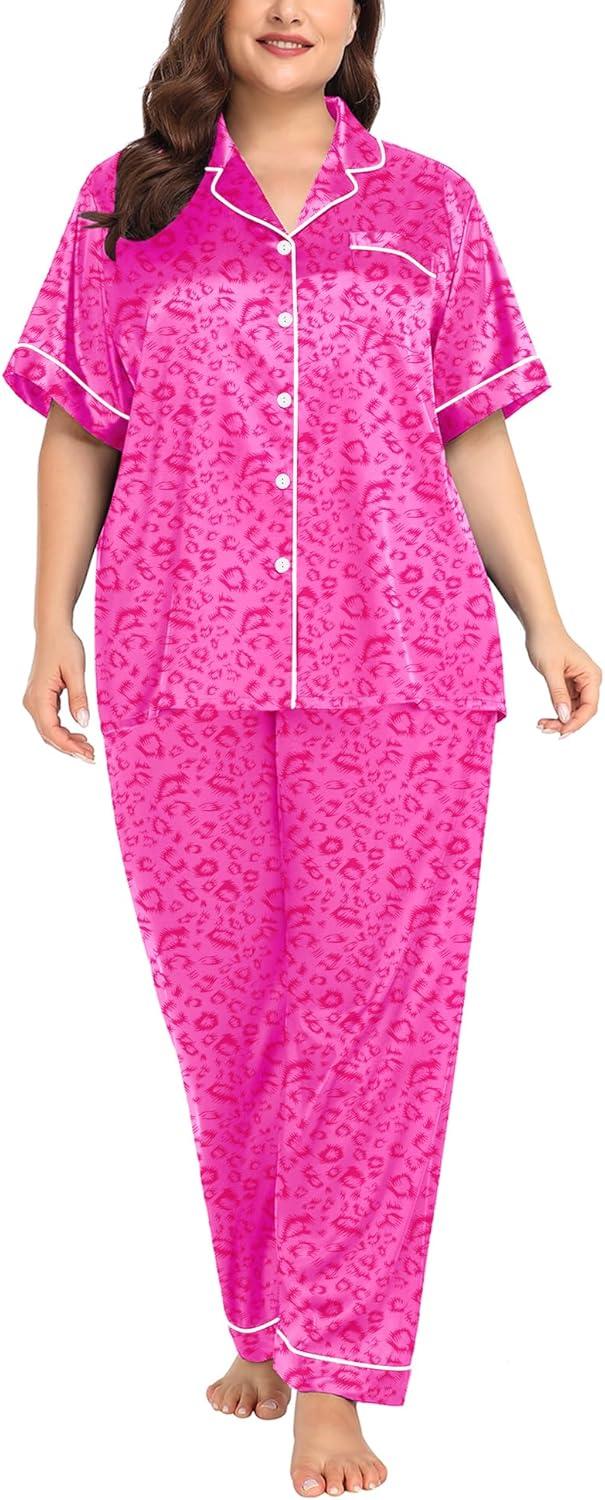 imageSWOMOG Womens Plus Size Pajamas Silk Satin Pajama Set Short Sleeve Shirt with FullLength Pants Pjs Sleepwear Set 18W26WHot Pink Leopard