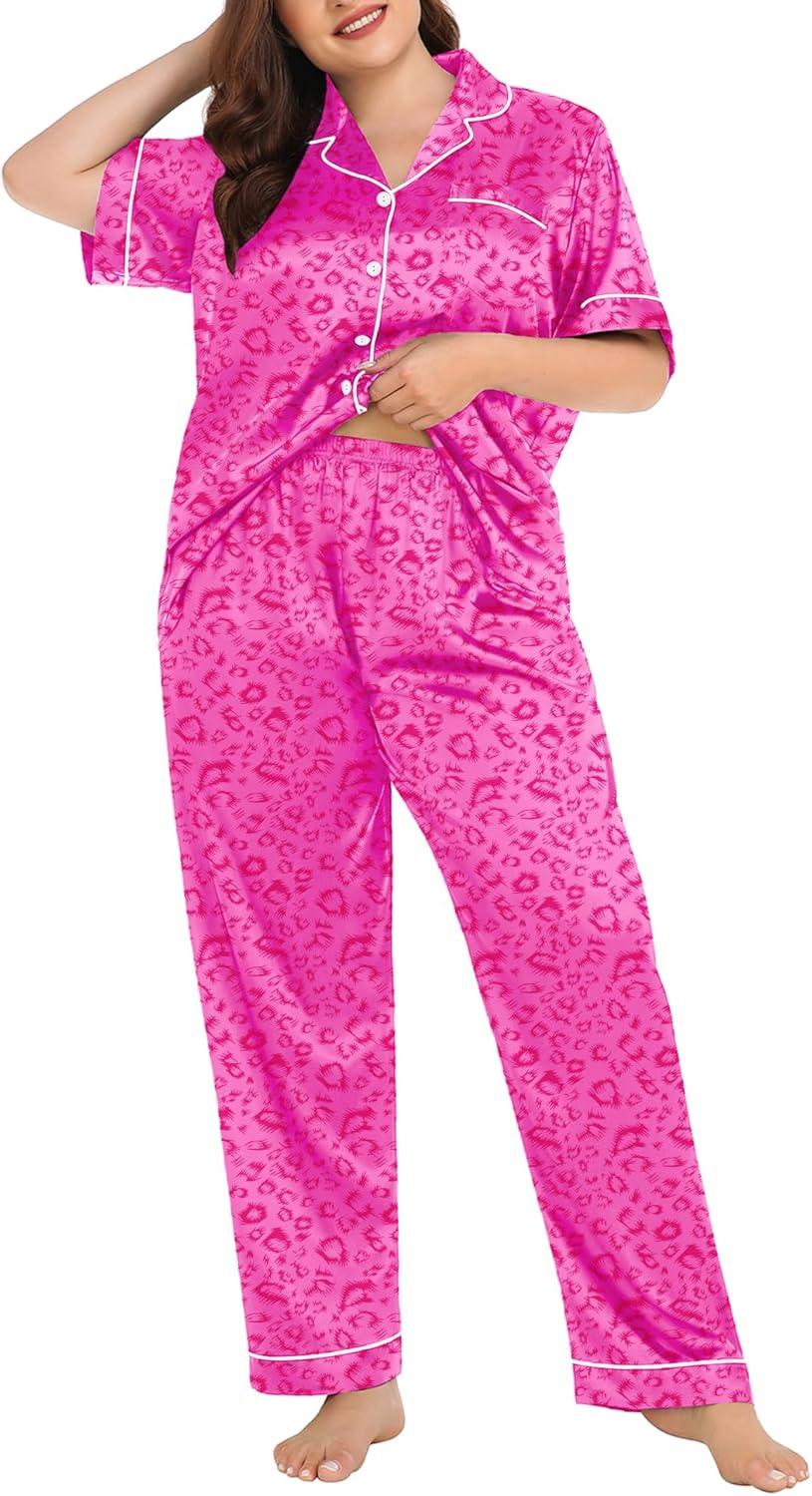 imageSWOMOG Womens Plus Size Pajamas Silk Satin Pajama Set Short Sleeve Shirt with FullLength Pants Pjs Sleepwear Set 18W26WHot Pink Leopard