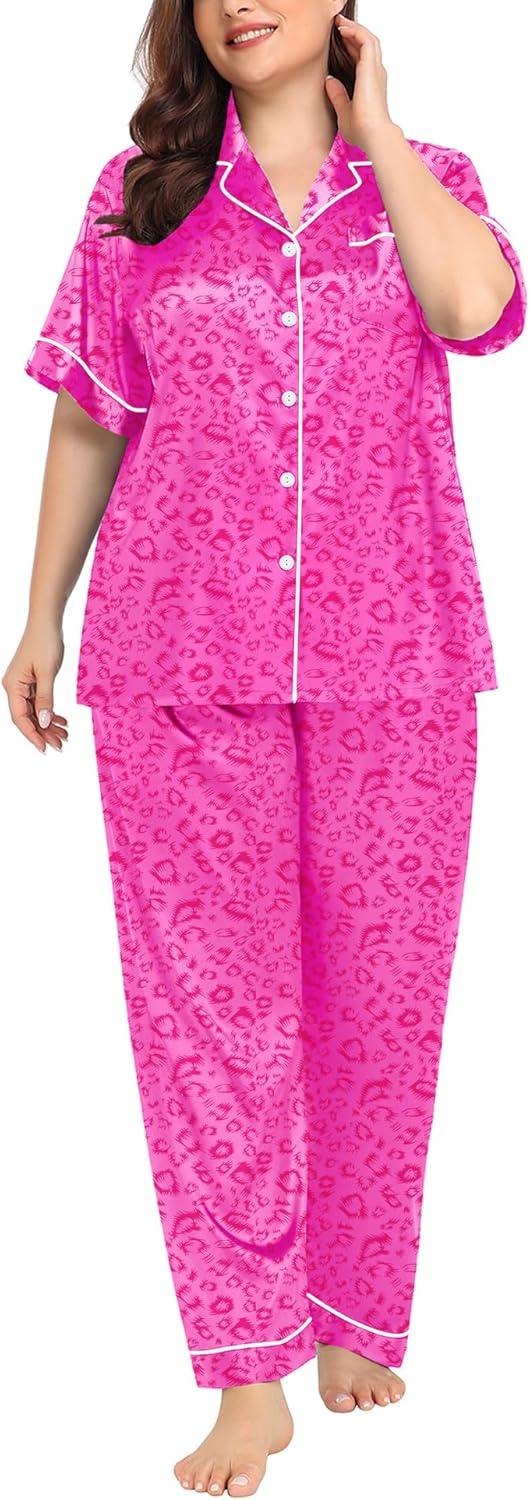 imageSWOMOG Womens Plus Size Pajamas Silk Satin Pajama Set Short Sleeve Shirt with FullLength Pants Pjs Sleepwear Set 18W26WHot Pink Leopard