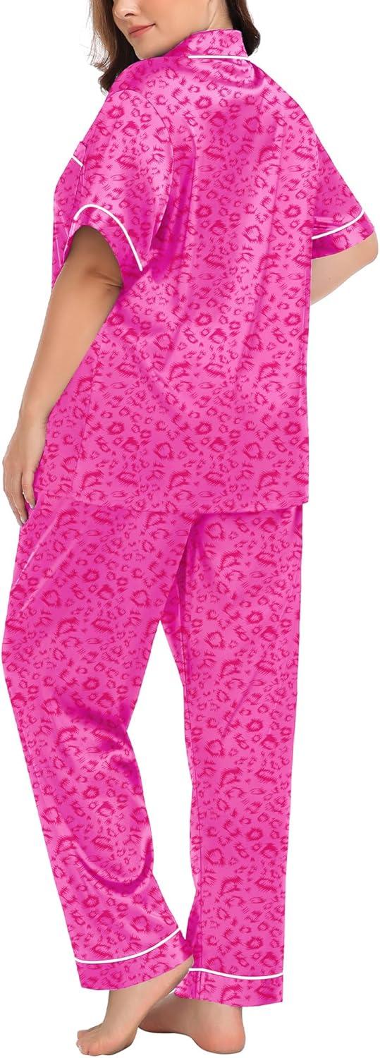 imageSWOMOG Womens Plus Size Pajamas Silk Satin Pajama Set Short Sleeve Shirt with FullLength Pants Pjs Sleepwear Set 18W26WHot Pink Leopard