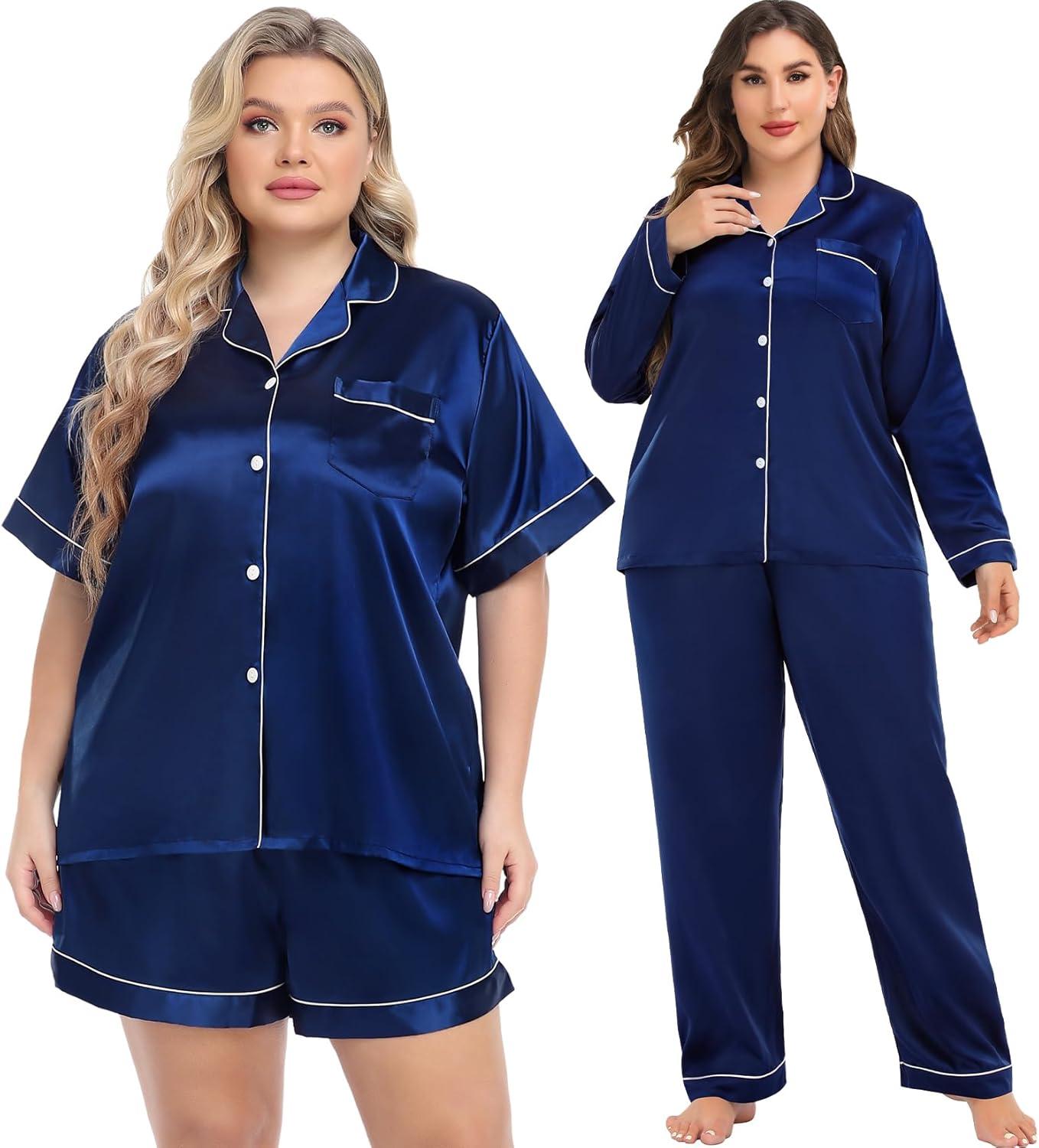 imageSWOMOG Womens Plus Size Pajamas Silk Satin Pajama Set Short Sleeve Shirt with FullLength Pants Pjs Sleepwear Set 18W26WMidnight Blue