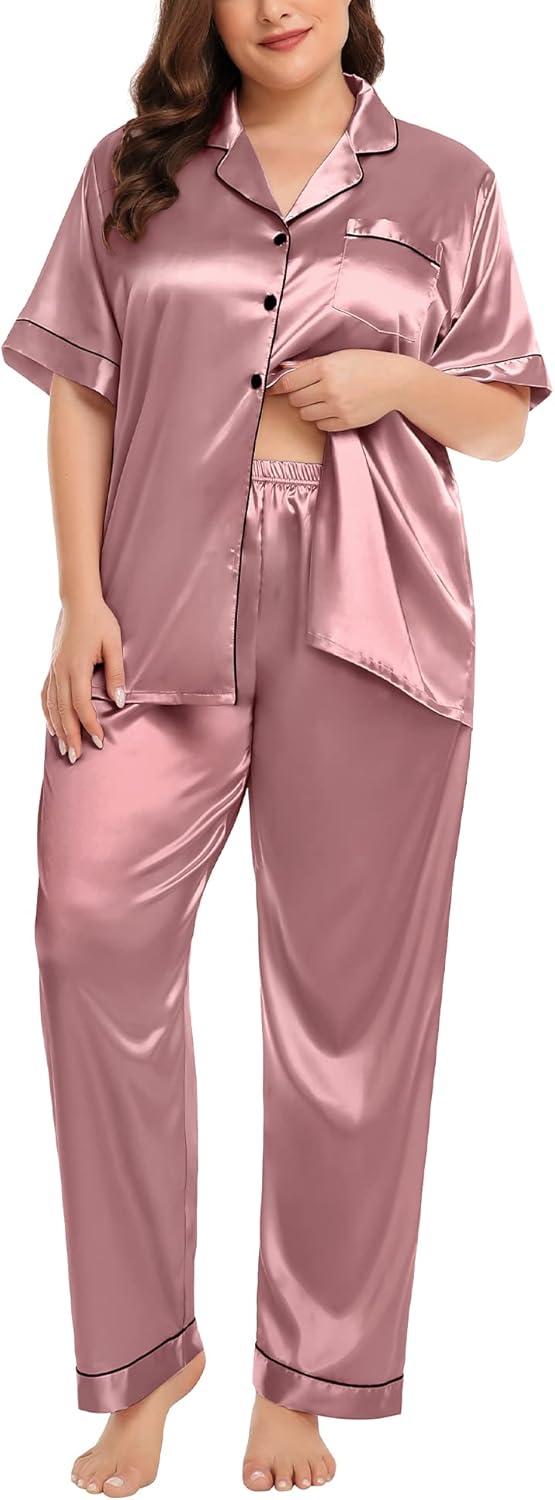 imageSWOMOG Womens Plus Size Pajamas Silk Satin Pajama Set Short Sleeve Shirt with FullLength Pants Pjs Sleepwear Set 18W26WMisty Rose