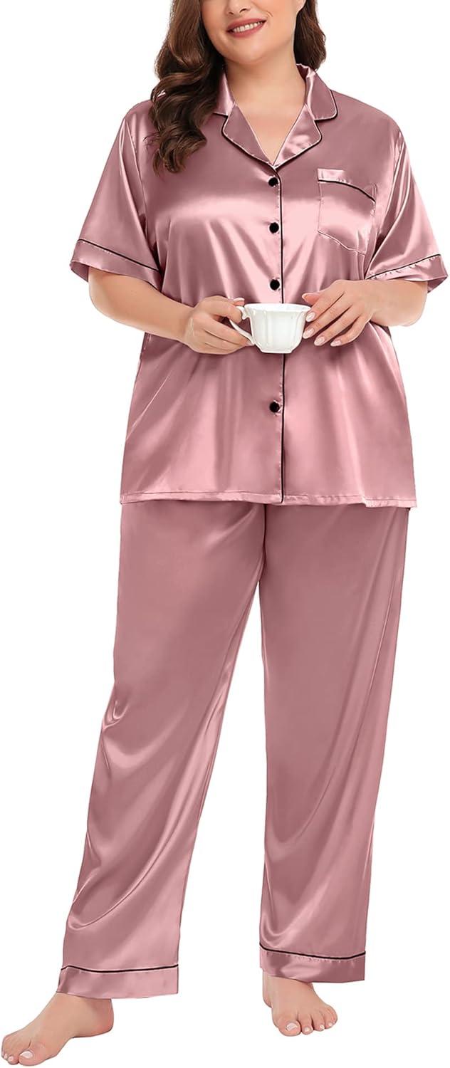 imageSWOMOG Womens Plus Size Pajamas Silk Satin Pajama Set Short Sleeve Shirt with FullLength Pants Pjs Sleepwear Set 18W26WMisty Rose