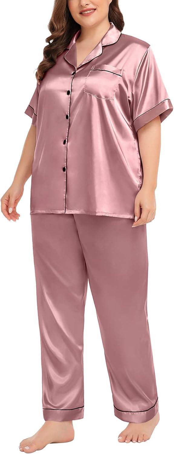 imageSWOMOG Womens Plus Size Pajamas Silk Satin Pajama Set Short Sleeve Shirt with FullLength Pants Pjs Sleepwear Set 18W26WMisty Rose