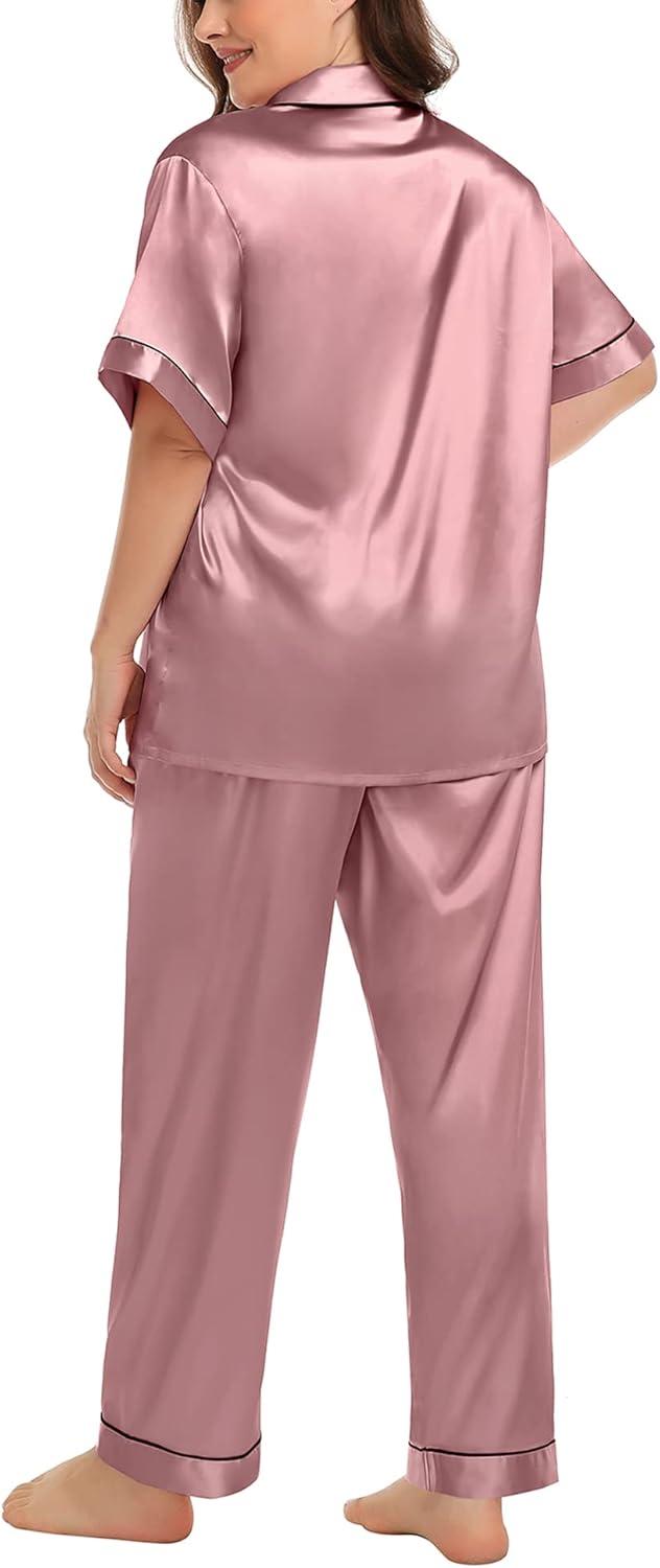 imageSWOMOG Womens Plus Size Pajamas Silk Satin Pajama Set Short Sleeve Shirt with FullLength Pants Pjs Sleepwear Set 18W26WMisty Rose