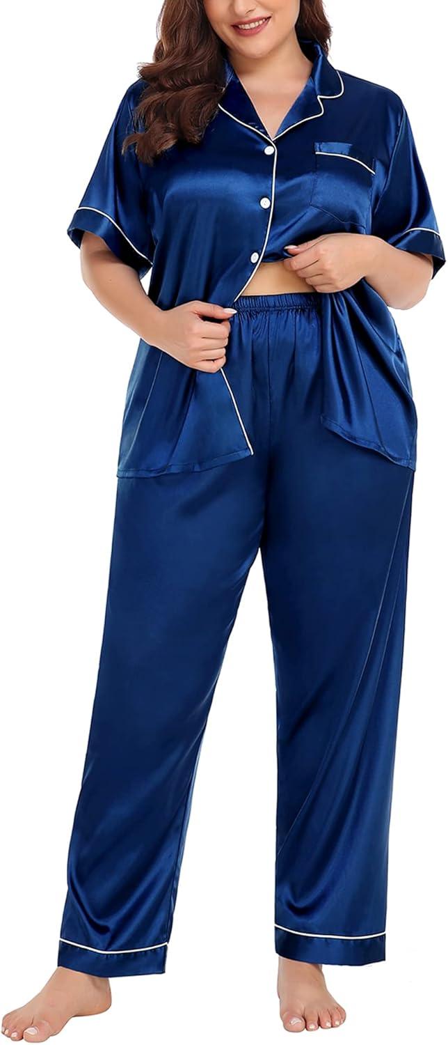 imageSWOMOG Womens Plus Size Pajamas Silk Satin Pajama Set Short Sleeve Shirt with FullLength Pants Pjs Sleepwear Set 18W26WNavy Blue