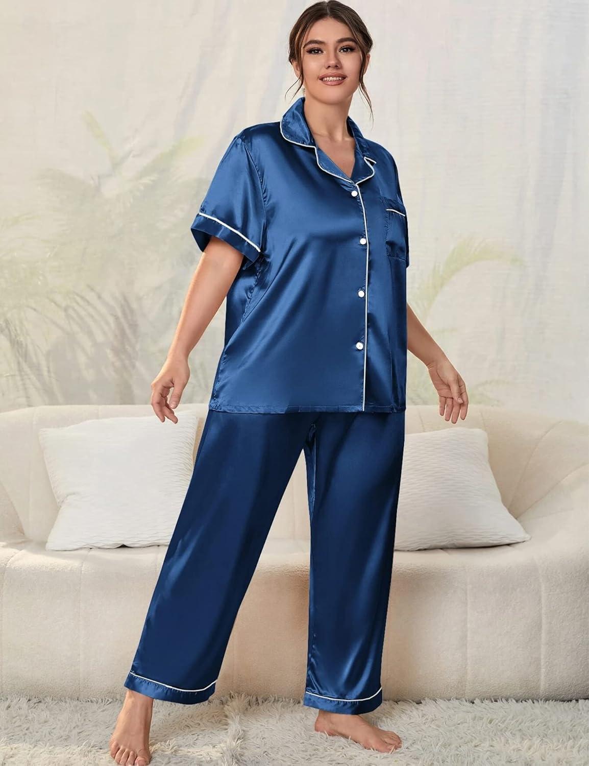 imageSWOMOG Womens Plus Size Pajamas Silk Satin Pajama Set Short Sleeve Shirt with FullLength Pants Pjs Sleepwear Set 18W26WNavy Blue