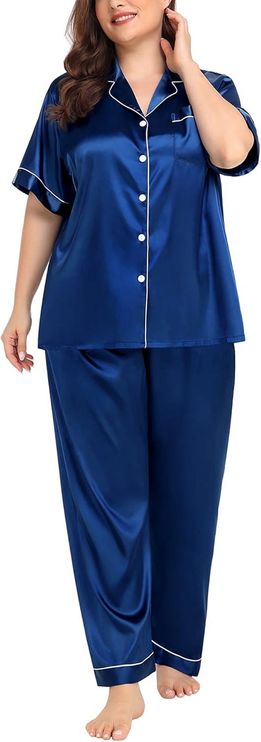 imageSWOMOG Womens Plus Size Pajamas Silk Satin Pajama Set Short Sleeve Shirt with FullLength Pants Pjs Sleepwear Set 18W26WNavy Blue