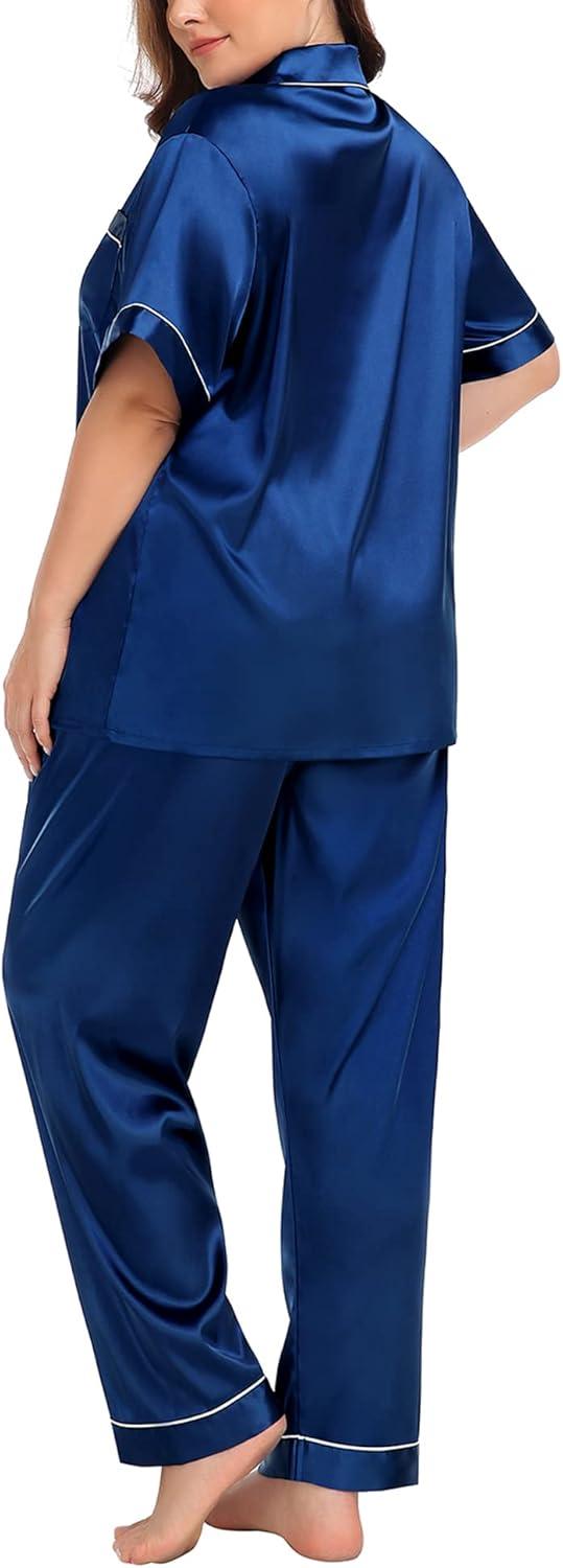 imageSWOMOG Womens Plus Size Pajamas Silk Satin Pajama Set Short Sleeve Shirt with FullLength Pants Pjs Sleepwear Set 18W26WNavy Blue