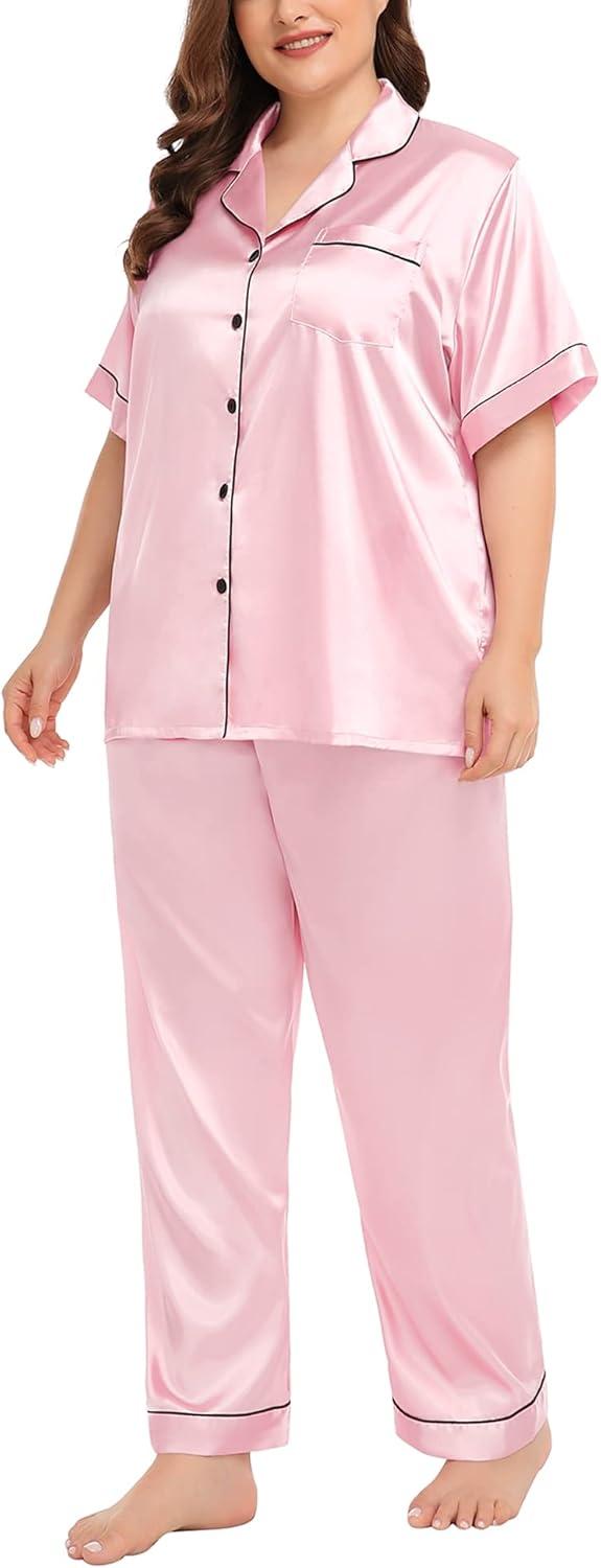 imageSWOMOG Womens Plus Size Pajamas Silk Satin Pajama Set Short Sleeve Shirt with FullLength Pants Pjs Sleepwear Set 18W26WPink